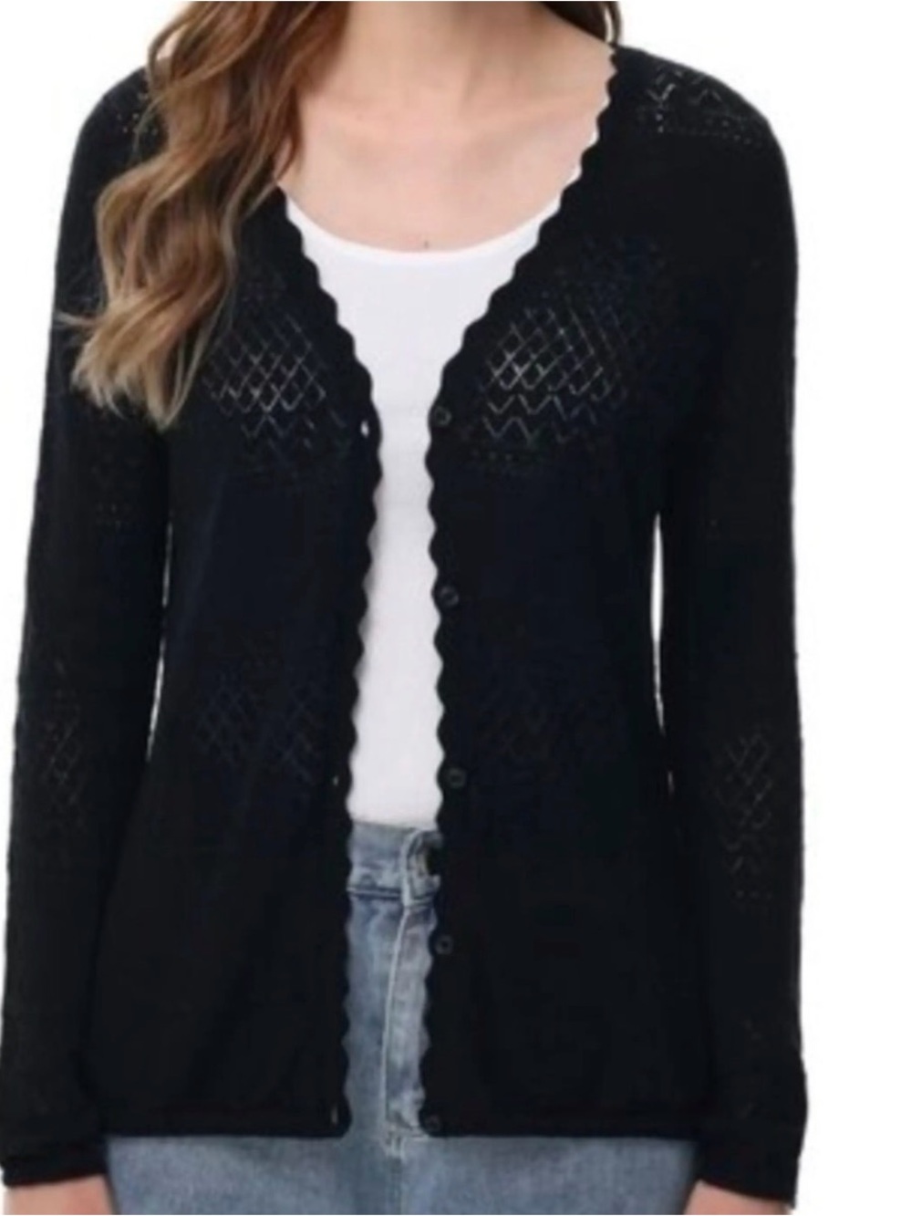 Frye Black Openwork Scallop-Edge Button Cardigan